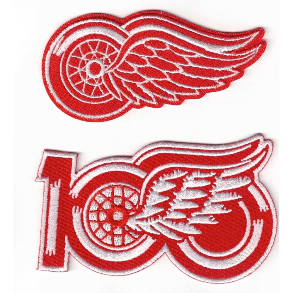 (2) Detroit Red Wings 100th Anniversary + Logo Embroidered Iron / Sew-On Patch